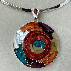 Peruvian 950 Sterling Silver Mosaic Pendant 2” | Turquoise Mother of Pearl Inlay